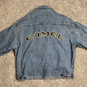 VTG 90s Camel Denim Trucker Jacket Indie Sleaze Y2K Grunge Rocker Off Duty Model